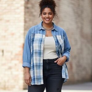American Eagle XXL Plaid Chambray Button Down Shirt Oversized